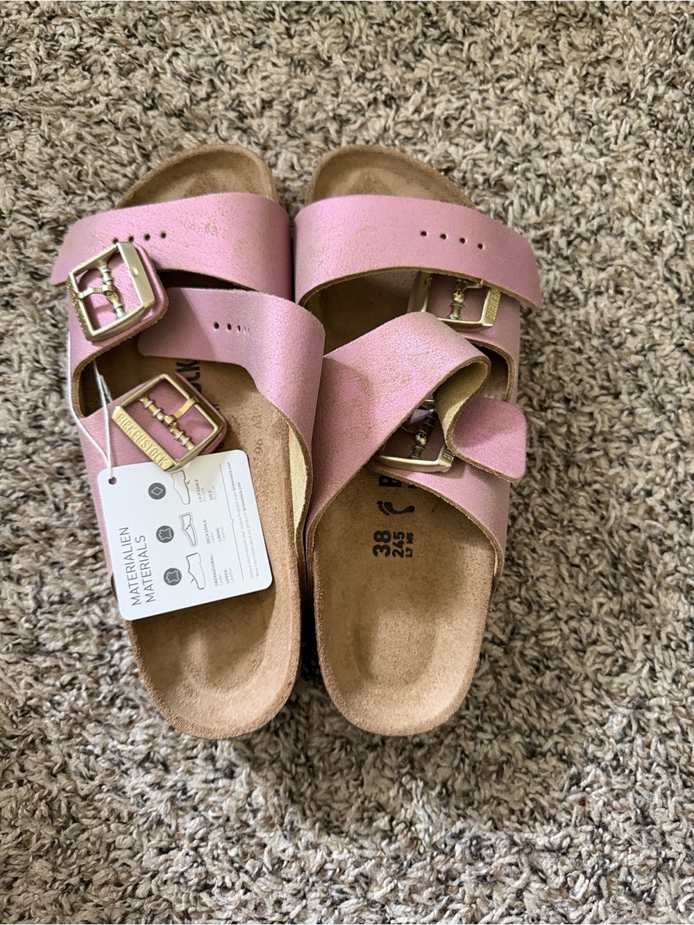 Birkenstock Pink Double Strap Slide Sandals with Gold Buckles